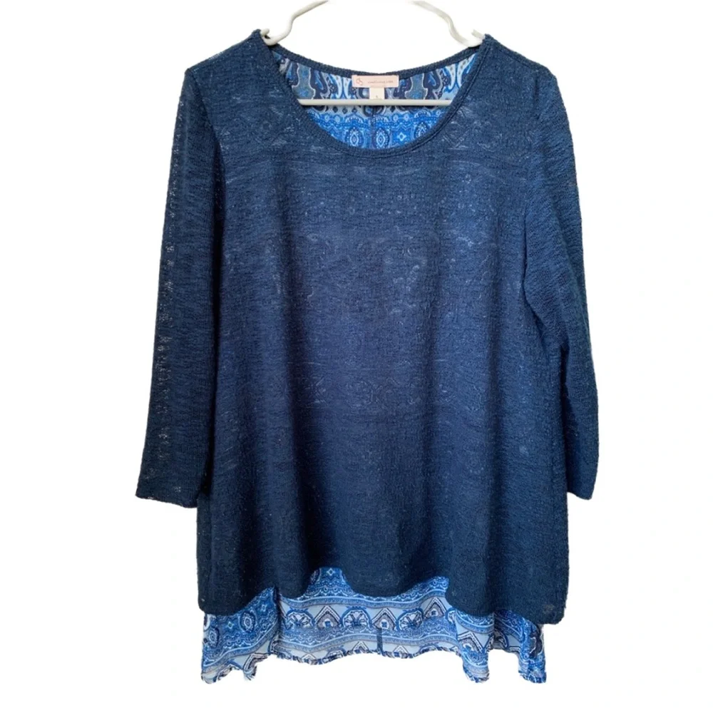 WESTPORT Women’s Navy Blue Overlay Sweater 3/4 Sheer Sleeve Sweater